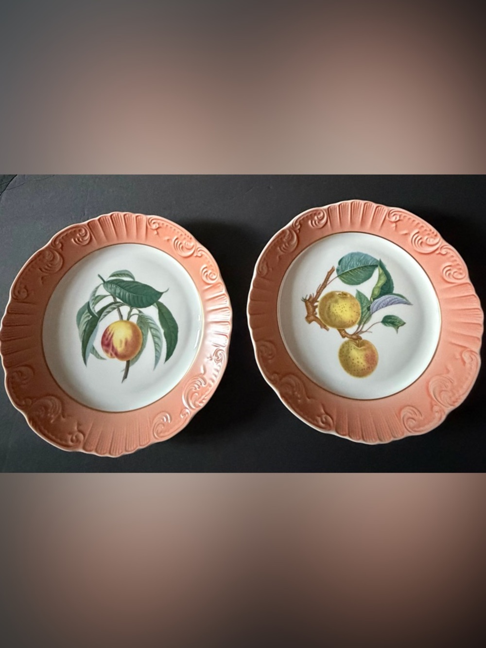 Two MOTTAHEDEH Vista Alegre "Summer Fruit" Dinner Plates 10” Apple Pitch New